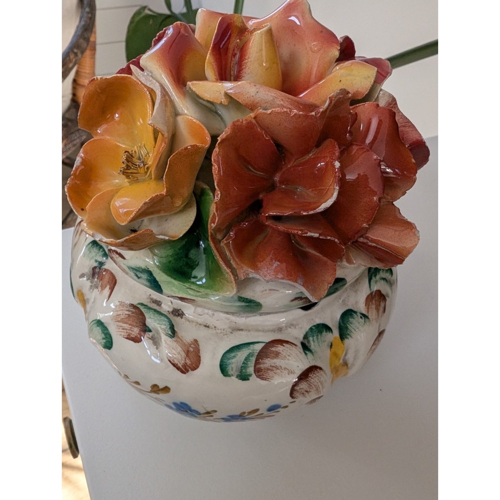 Antique Italian Candy Dish Capodimonte Style Hand Painted Flowers Footed‎